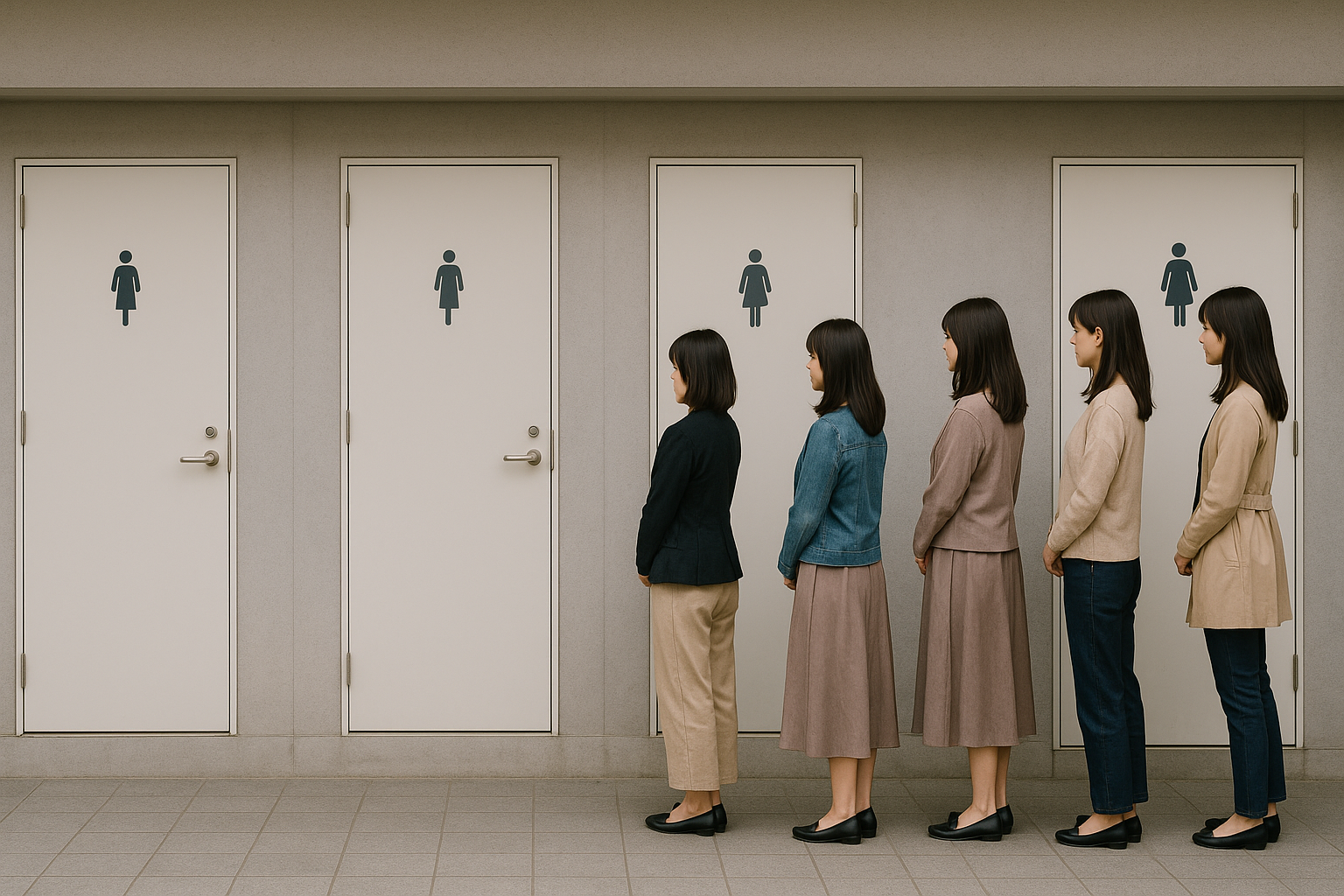 Ilustrasi perempuan di Jepang antre di depan toilet umum.