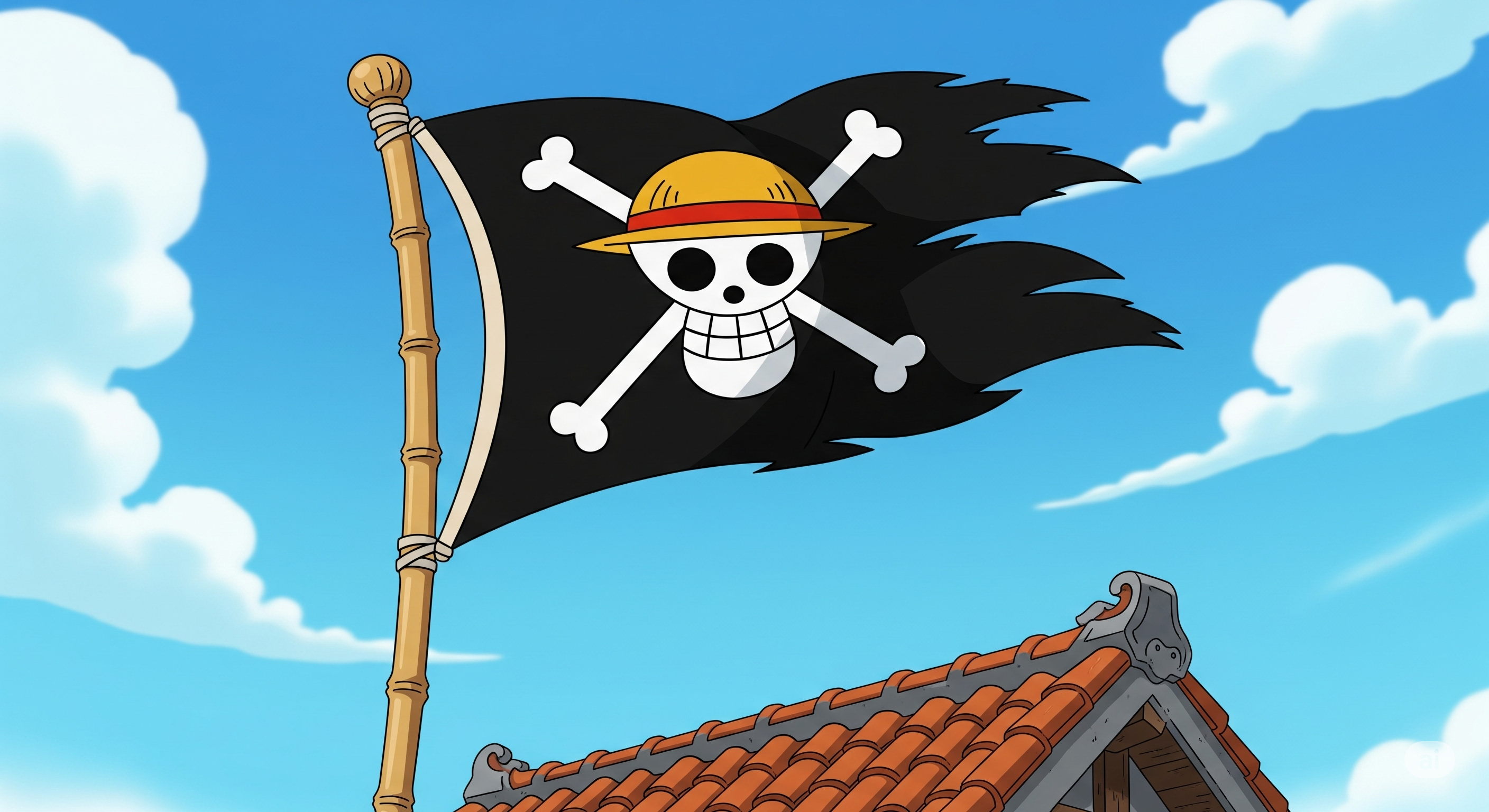 Ilustrasi bendera One Piece yang disebut The Straw Hat. Ilustrasi ini dibuat menggunakan AI.