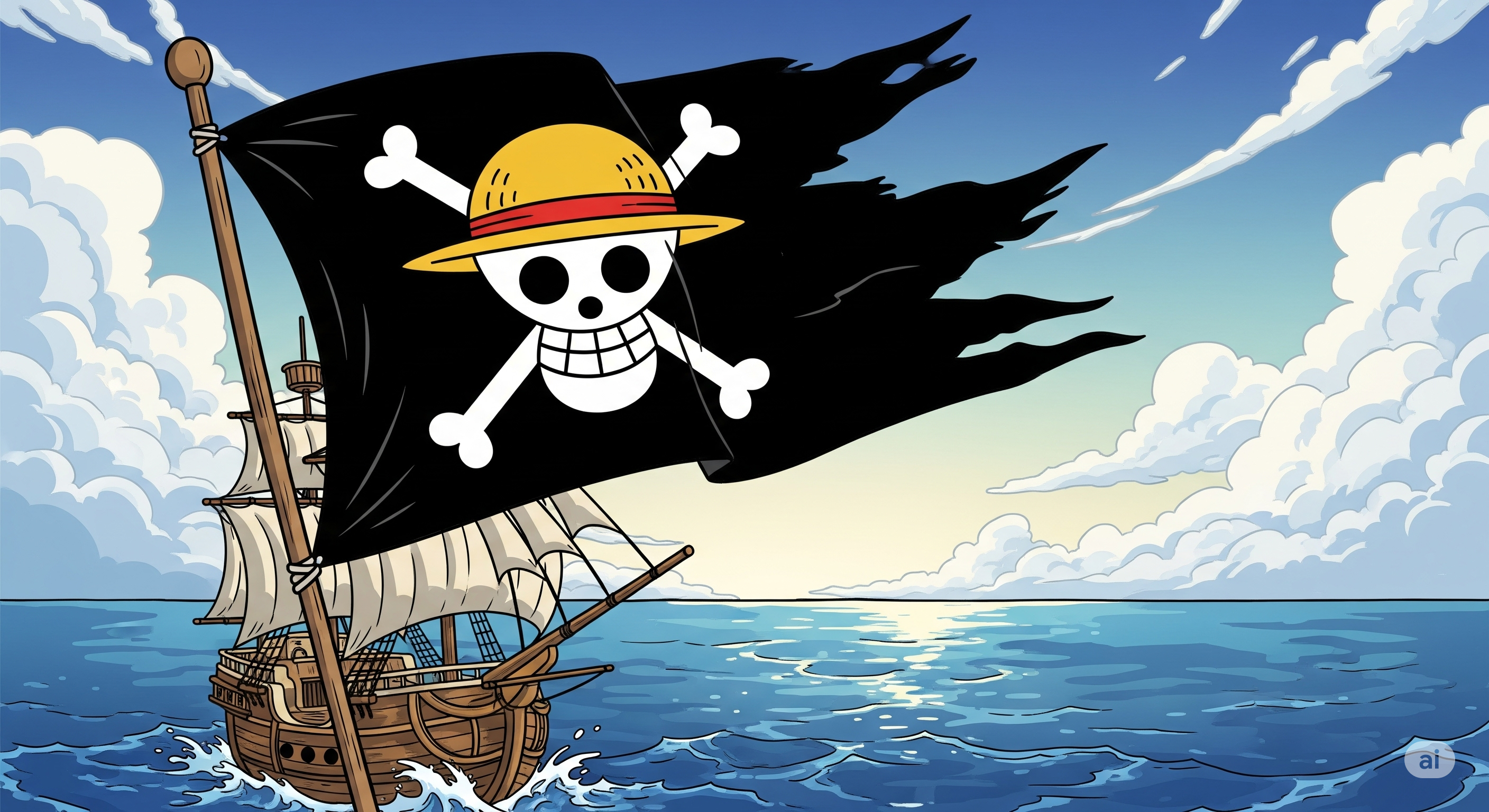 Ilustrasi bendera one piece yang disebut The Straw Hat di kapal. Ilustrasi ini dibuat menggunakan AI.