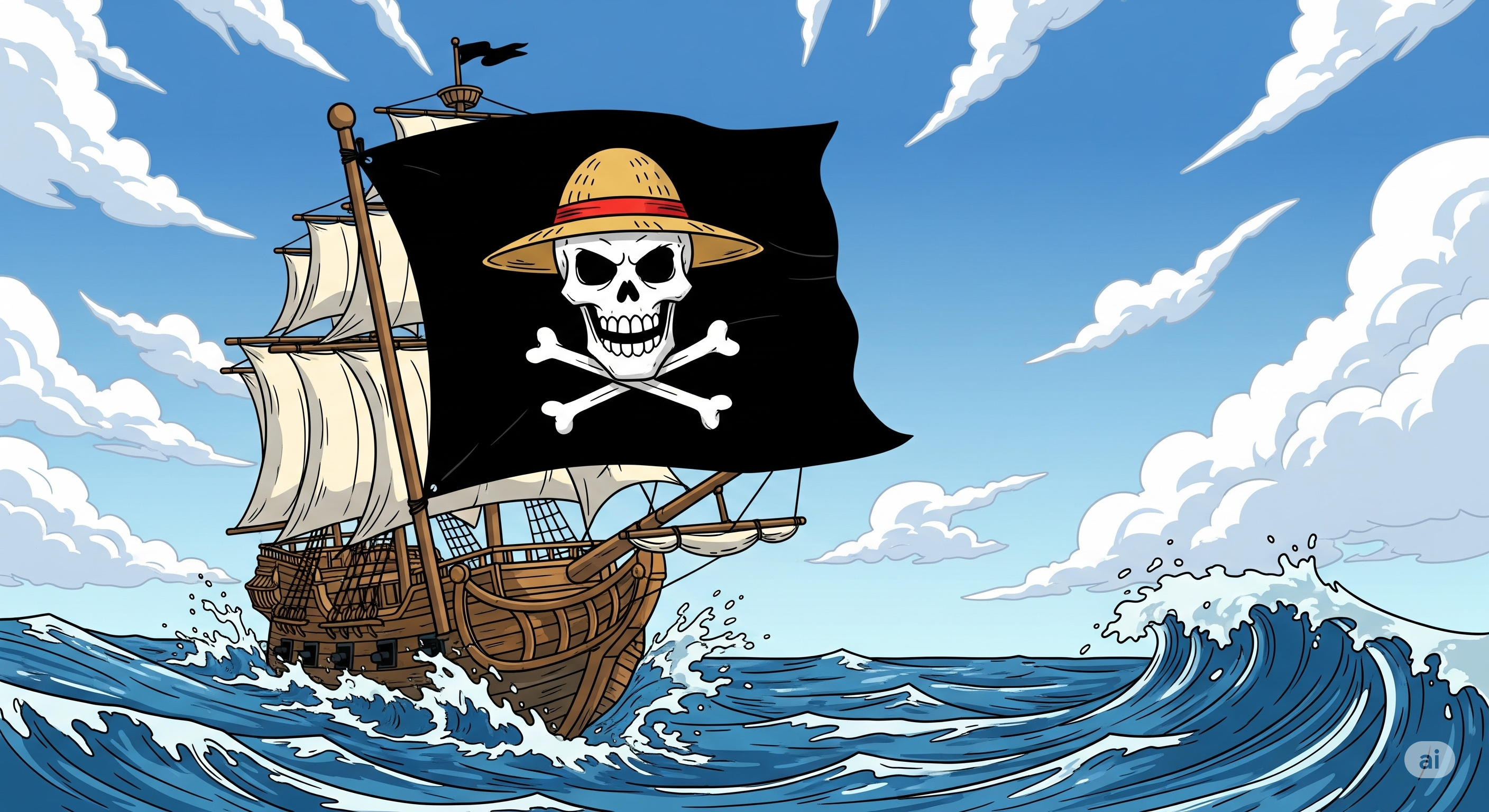 Ilustrasi Jolly Roger, bendera bajak laut. Kru bajak laut Monkey D. Luffy juga mempunyai bendera bernama Straw Hat Jolly Roger. Ilustrasi ini dibuat menggunakan AI.