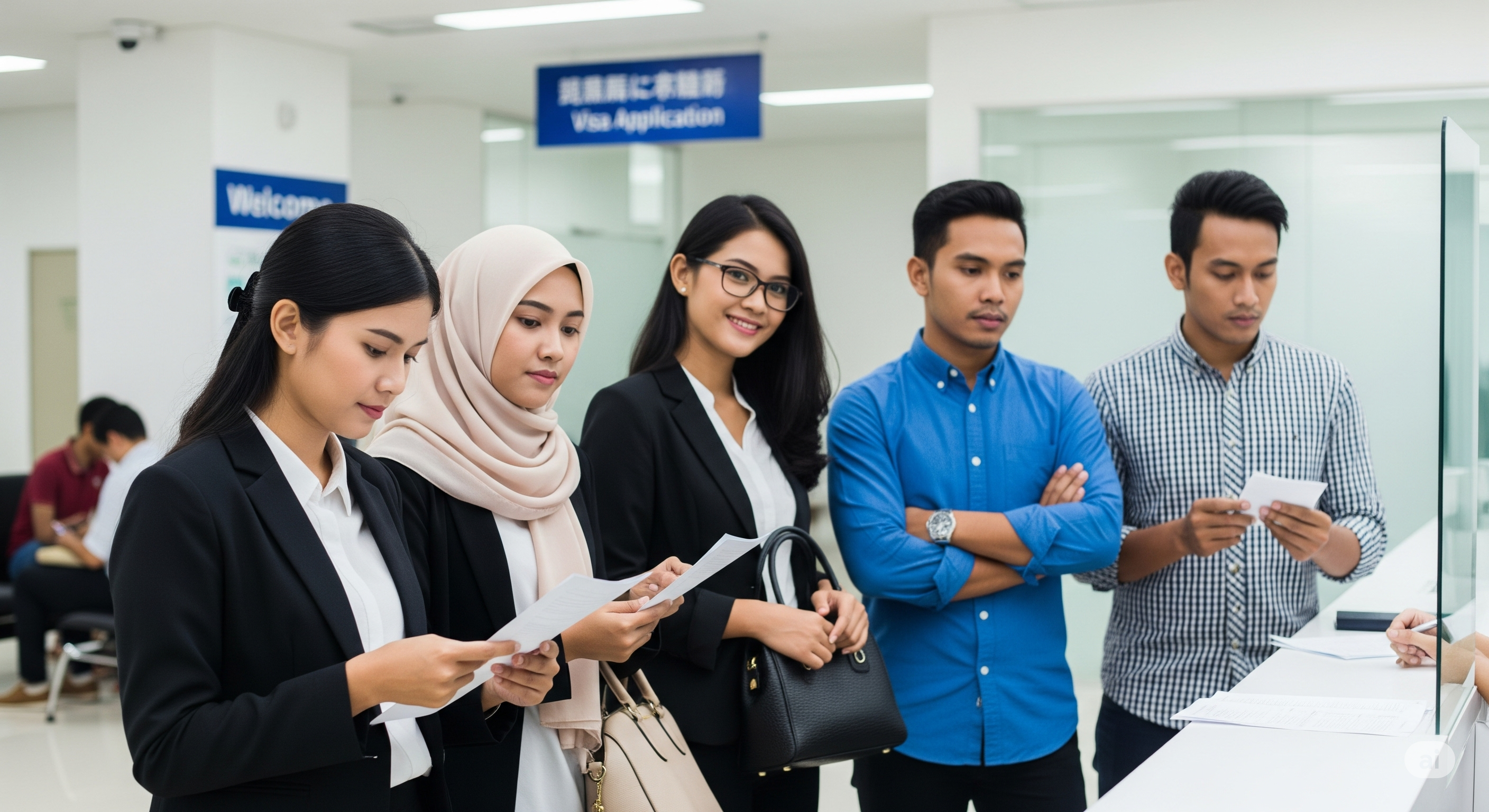 Ilustrasi calon pekerja Indonesia mengurus visa kerja Jepang. Ilustrasi ini dibuat menggunakan AI.