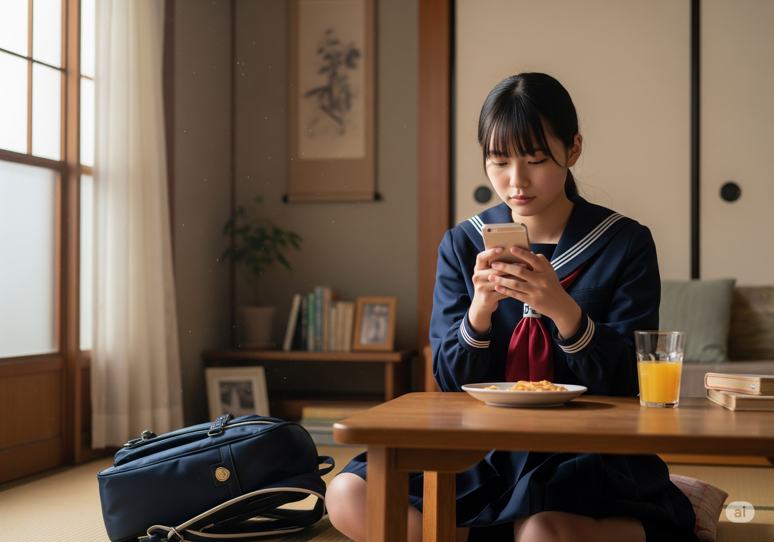 Ilustrasi siswa sekolah di Jepang menggunakan smartphone. Kota Toyoake di Jepang menerapkan aturan batasan screen time dua jam per hari. Ilustrasi ini dibuat menggunakan AI.