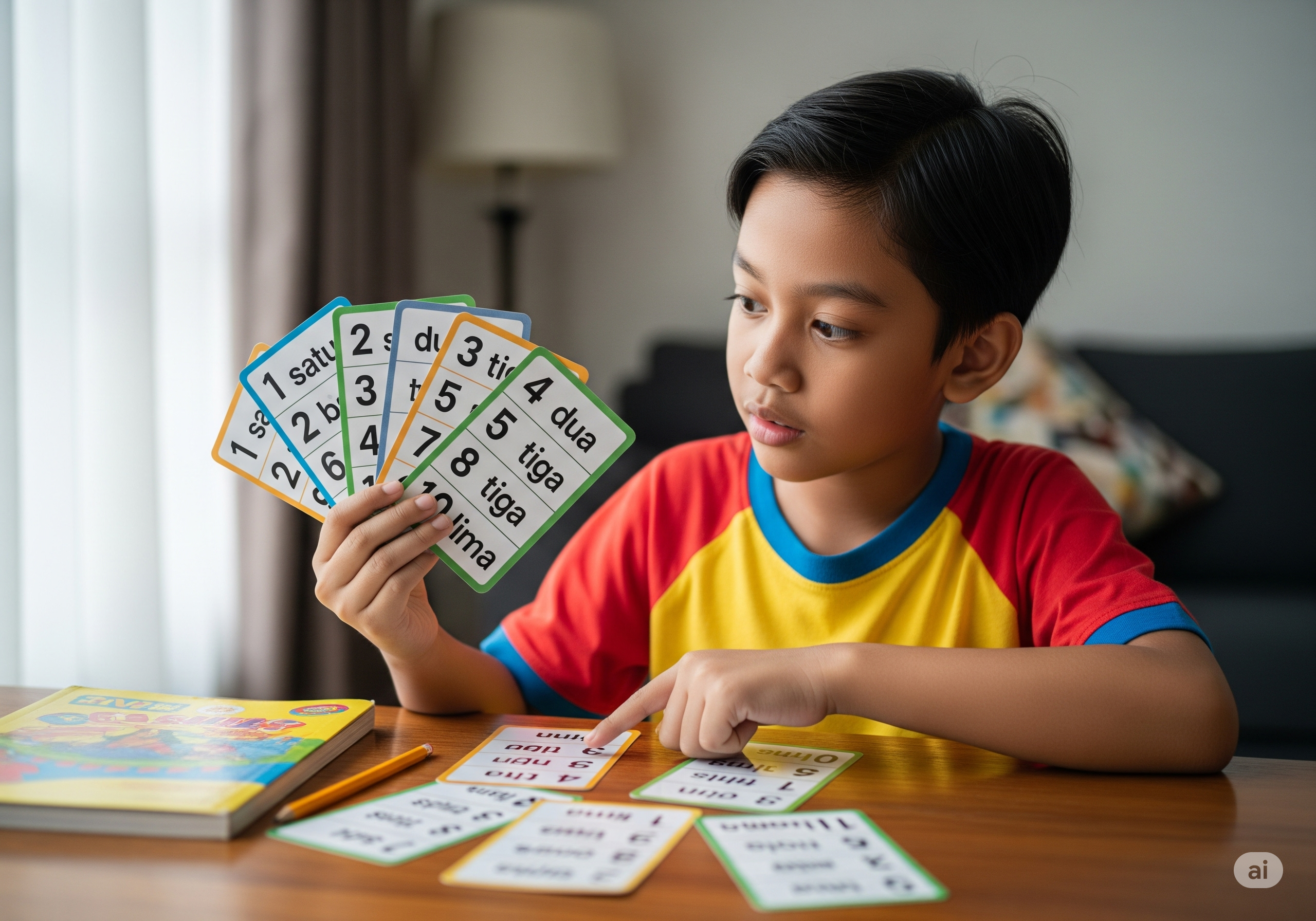 Ilustrasi seorang anak belajar angka menggunakan flash card. Ilustrasi ini dibuat menggunakan AI.