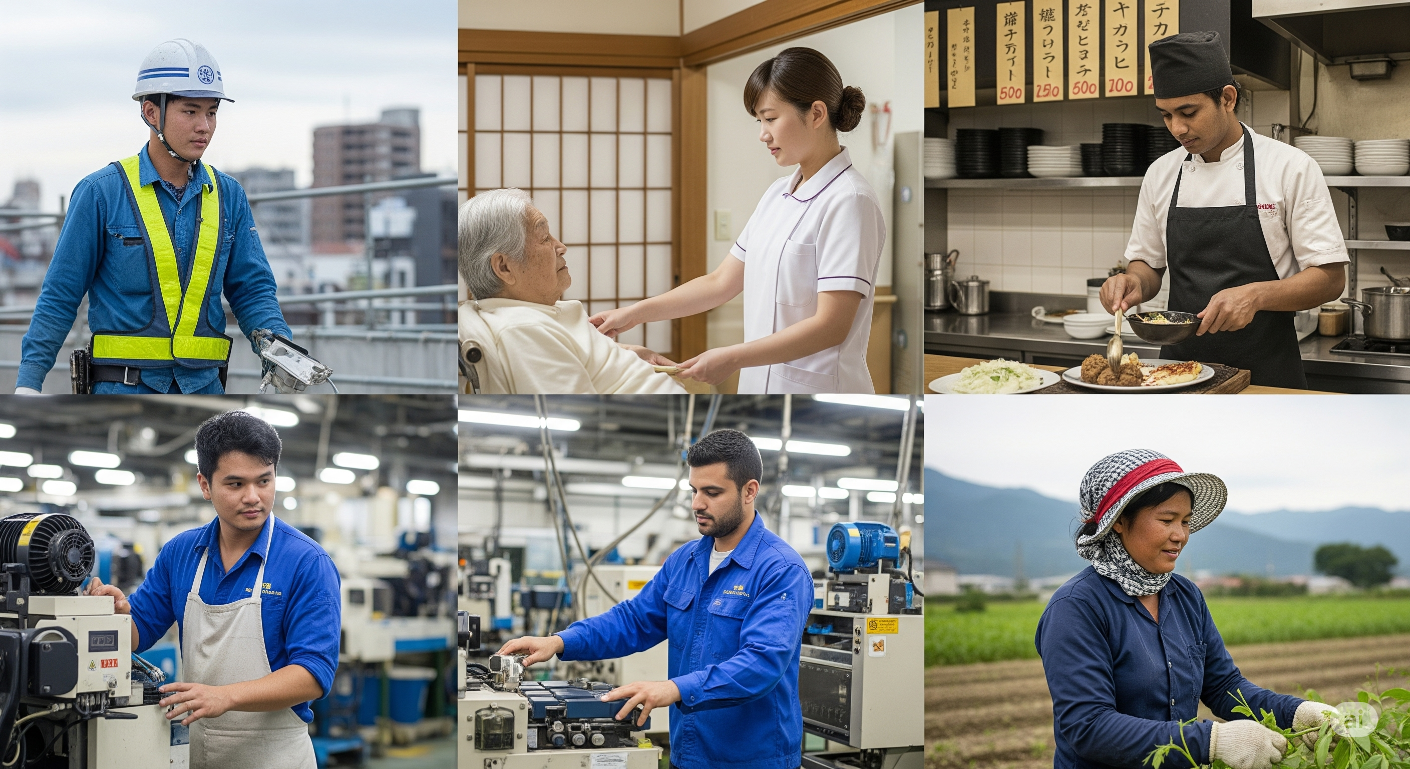 Ilustrasi pekerja asing berbagai sektor di Jepang. Jepang akan mengganti program magang teknis menjadi program Employment for Skill Development mulai 2027. Ilustrasi ini dibuat menggunakan AI.