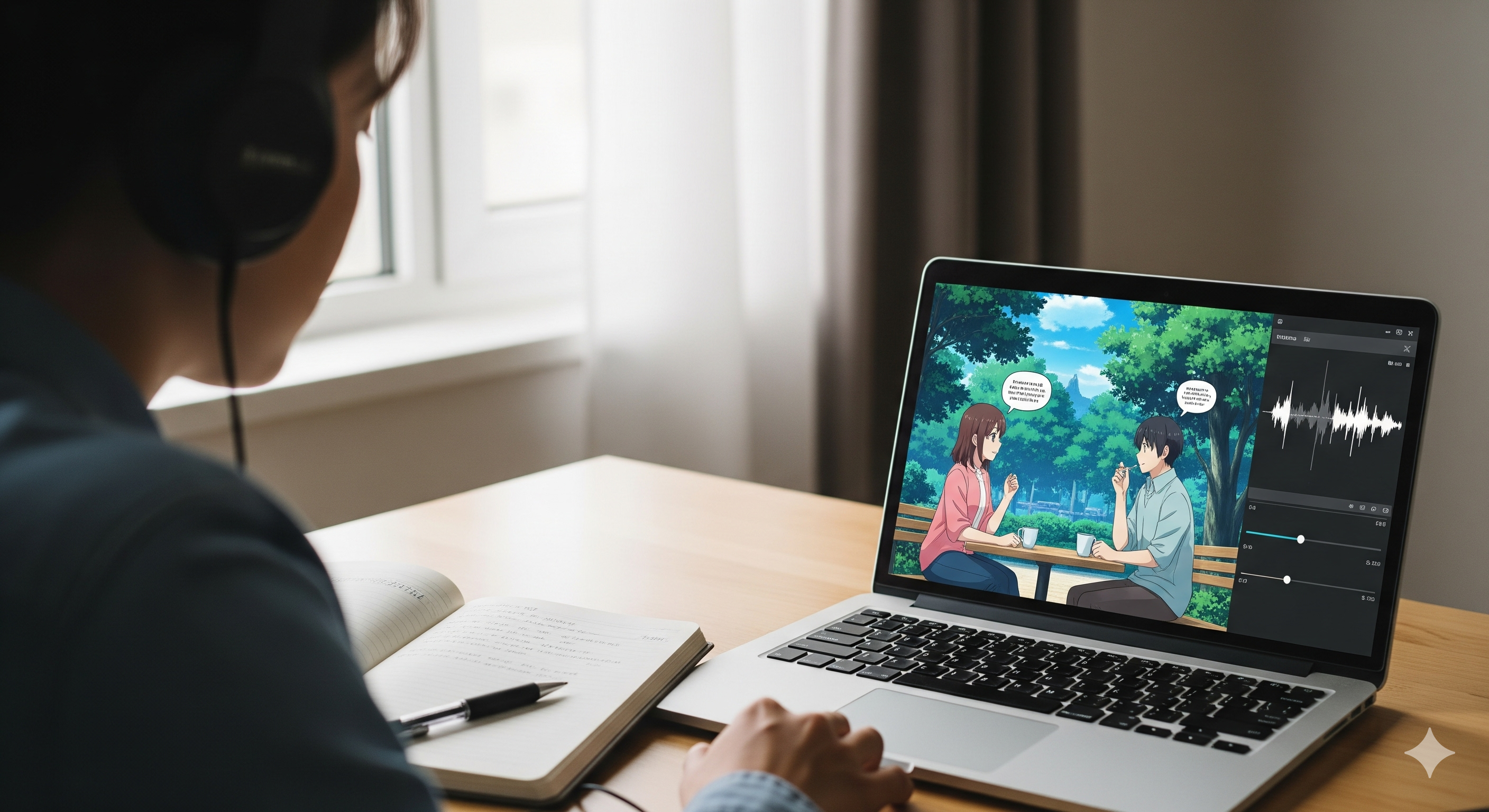 Ilustrasi orang belajar Bahasa Jepang dari lagu anime. Ilustrasi ini dibuat menggunakan AI.