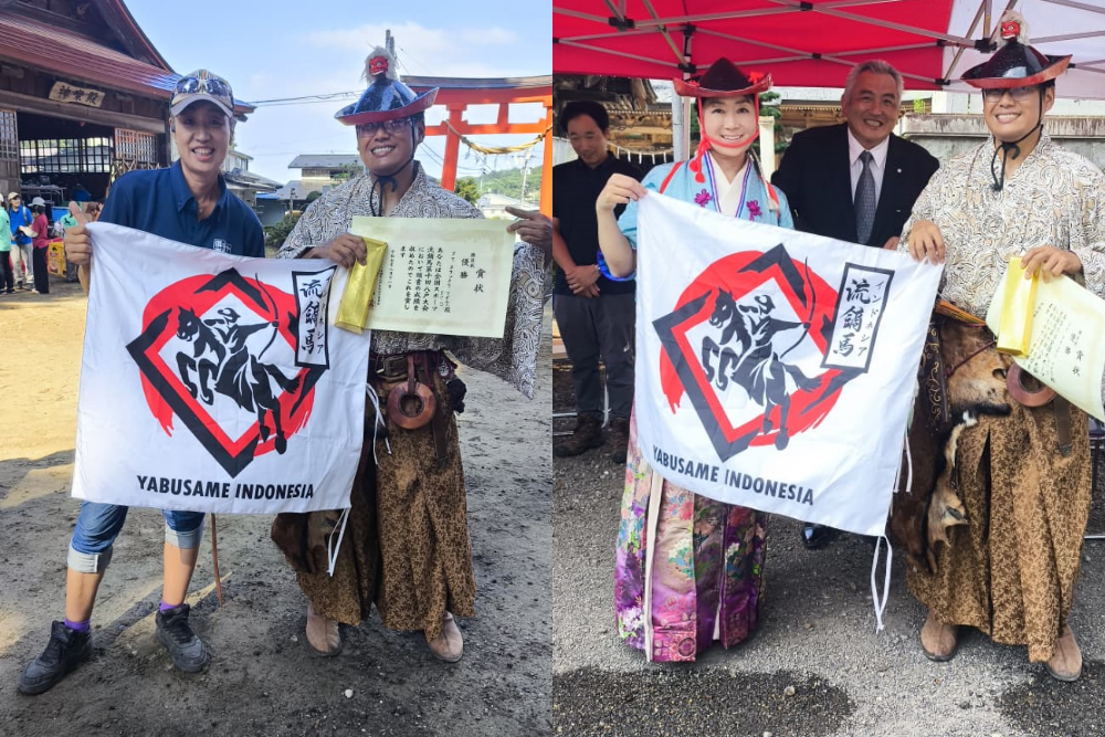 Foto kiri: Adam Numair bersama pelatih yabusame Ayuko Kamimura. Foto kanan: Adam Numair bersama ketua panitia Nagako Ishibashi dan tamu undangan spesial Toshifumi Nanbu, keturunan samurai klan Nanbu yang dulu menguasai wilayah Hachinohe.