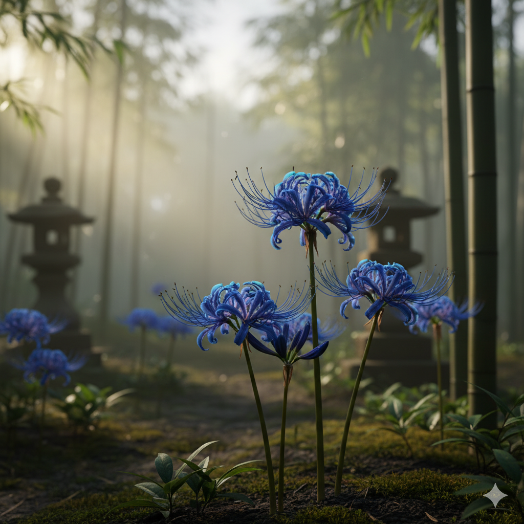 Ilustrasi blue spider lily, bunga yang hanya ada di dunia anime dan sastra Jepang. Ilustrasi ini dibuat menggunakan AI.