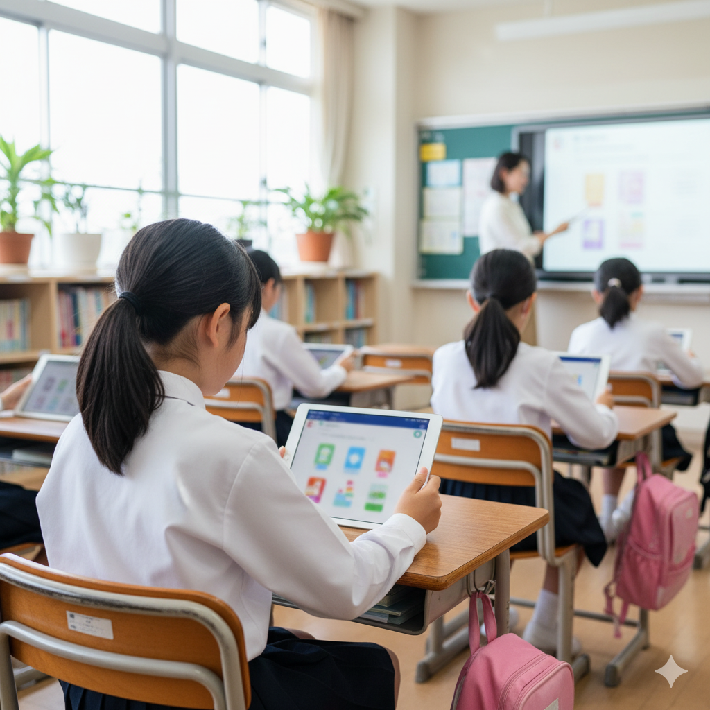 Ilustrasi siswa sekolah dasar menggunakan buku teks digital di tablet. Ilustrasi ini dibuat menggunakan AI.