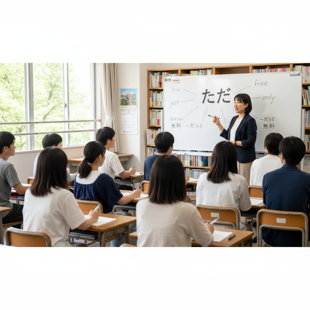 Ilustrasi guru mengajarkan kosakata Bahasa Jepang tada kepada murid. Ilustrasi ini dibuat menggunakan AI.