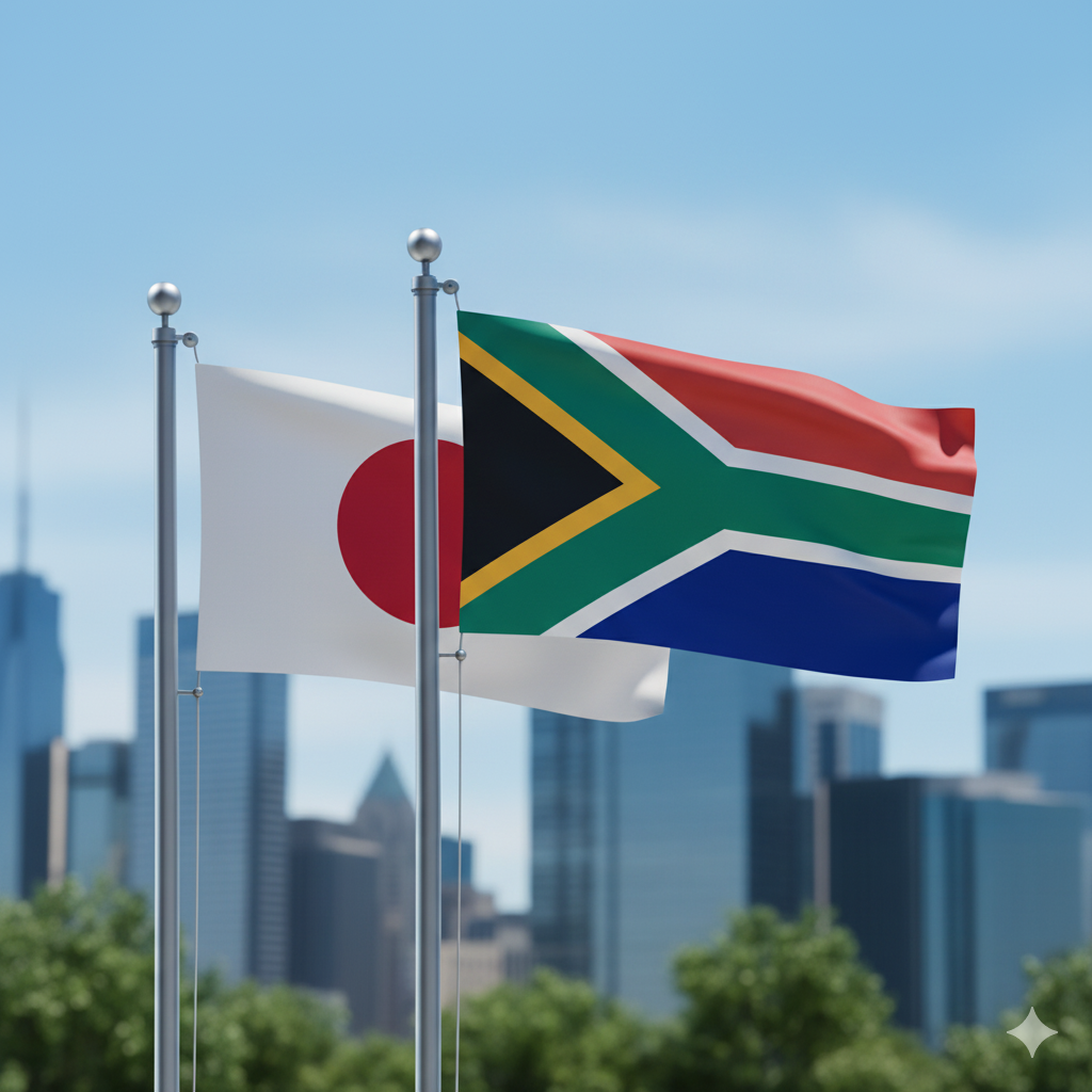 Ilustrasi bendera Jepang dan Afrika Selatan. Presiden JICA Akihiko Tanaka mengumumkan pembatalan program Africa Hometown dalam konferensi pers di Tokyo setelah muncul misinformasi terkait imigrasi. (Ilustrasi oleh AI)