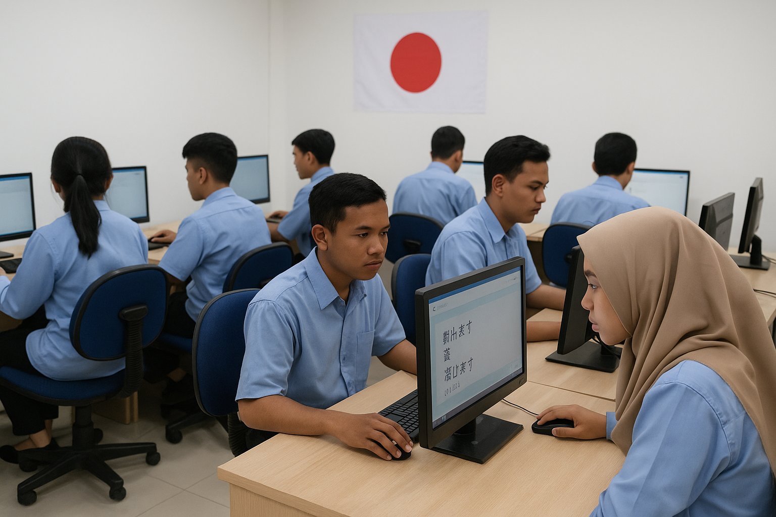 Ilustrasi calon pekerja Indonesia melakukan ujian berbasis komputer. (Ilustrasi oleh AI)