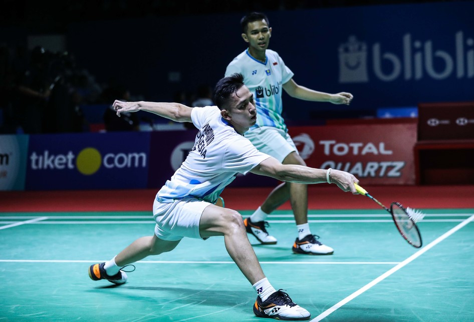 Pasangan ganda putra Indonesia, Fajar Alfian/Muhammad Rian Ardianto saat melawan ganda putra China, Huang Kai Xiang/Liu Cheng dalam babak kedua Blibli Indonesia Open 2019 di Istora Senayan, kompleks GBK, Jakarta, Rabu (17/7/2019).