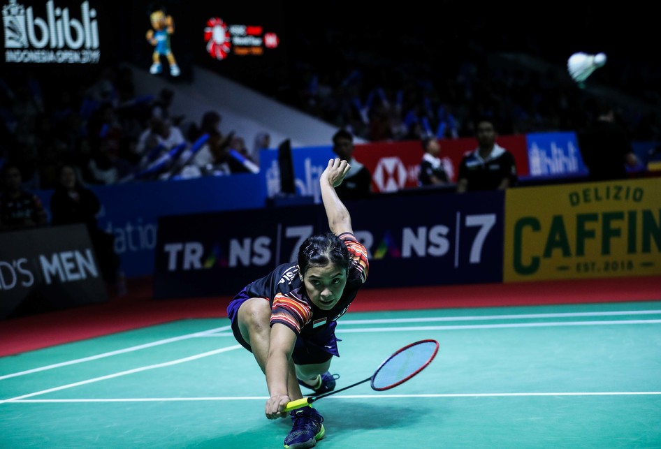 Pebulu tangkis tunggal putri Indonesia, Gregoria Mariska Tunjung, melawan tunggal putri Thailand, Ratchanok Intanon, dalam babak kedua Blibli Indonesia Open 2019 di Istora Senayan, kompleks GBK, Jakarta, Kamis (18/7/2019).